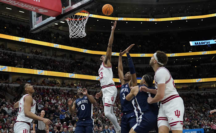 Nittany Lions forward Kebba Njie (3) defends Indiana Hoosiers guard Tamar Bates (53) during the first half at United Center.
